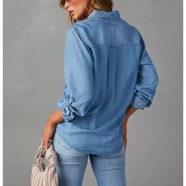 imagechouyatou Womens Button Down Rolled Up Long Sleeve Denim Shirt Business Casual Jean Blouse TopsBlue