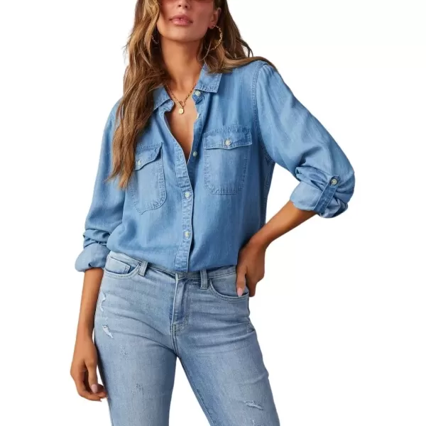imagechouyatou Womens Button Down Rolled Up Long Sleeve Denim Shirt Business Casual Jean Blouse TopsBlue