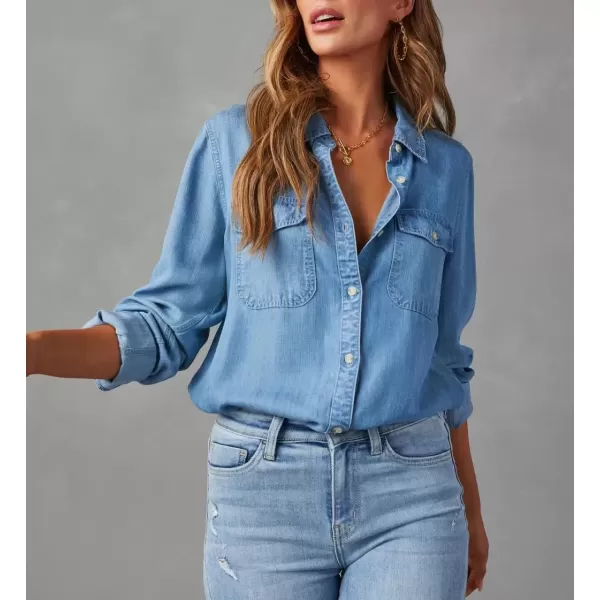 imagechouyatou Womens Button Down Rolled Up Long Sleeve Denim Shirt Business Casual Jean Blouse TopsBlue