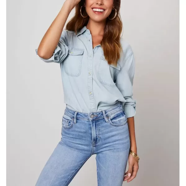 imagechouyatou Womens Button Down Rolled Up Long Sleeve Denim Shirt Business Casual Jean Blouse TopsLight Blue