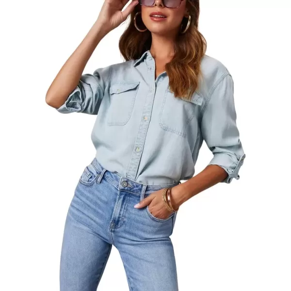 imagechouyatou Womens Button Down Rolled Up Long Sleeve Denim Shirt Business Casual Jean Blouse TopsLight Blue