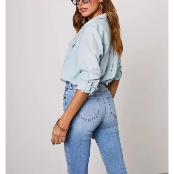 imagechouyatou Womens Button Down Rolled Up Long Sleeve Denim Shirt Business Casual Jean Blouse TopsLight Blue