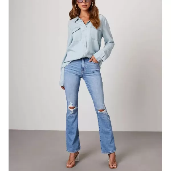 imagechouyatou Womens Button Down Rolled Up Long Sleeve Denim Shirt Business Casual Jean Blouse TopsLight Blue