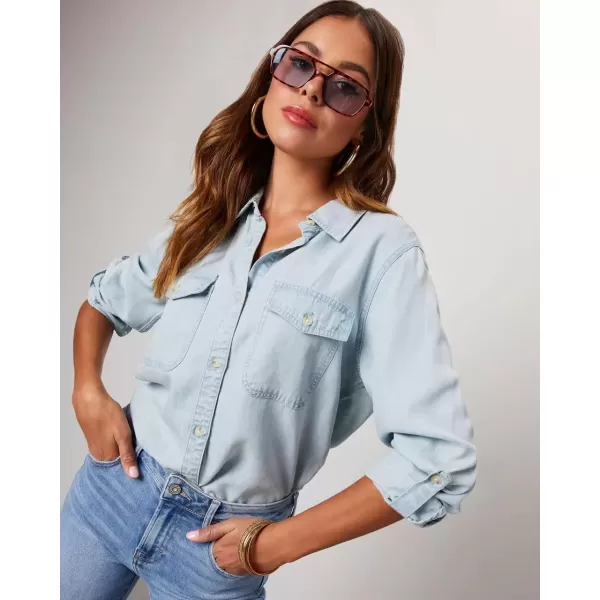 imagechouyatou Womens Button Down Rolled Up Long Sleeve Denim Shirt Business Casual Jean Blouse TopsLight Blue