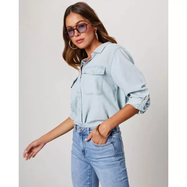 imagechouyatou Womens Button Down Rolled Up Long Sleeve Denim Shirt Business Casual Jean Blouse TopsLight Blue
