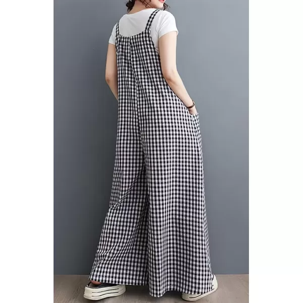 imagechouyatou Womens Button Up Plaid Bib Overalls Loose Fit Wide Leg Baggy Jumpsuit Pants with PocketsBlack