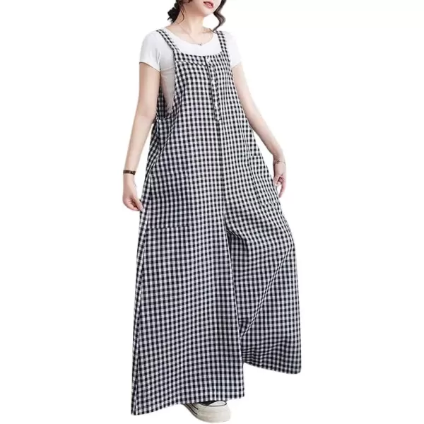 imagechouyatou Womens Button Up Plaid Bib Overalls Loose Fit Wide Leg Baggy Jumpsuit Pants with PocketsBlack