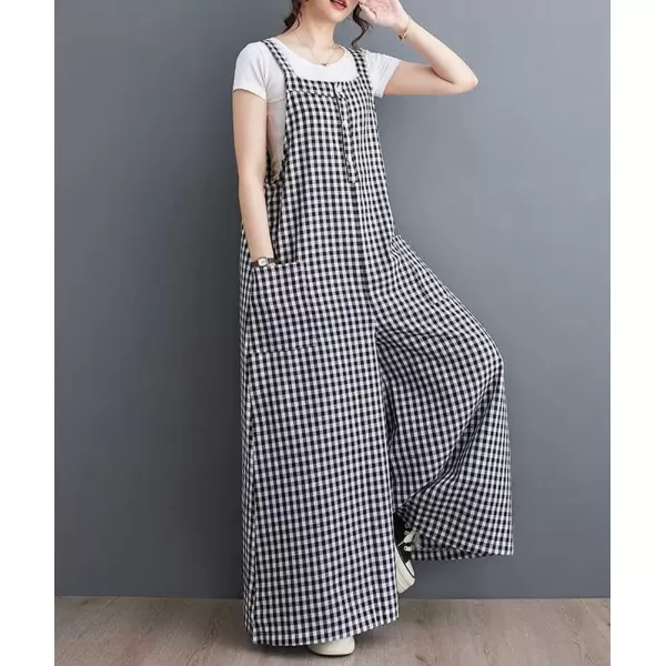 imagechouyatou Womens Button Up Plaid Bib Overalls Loose Fit Wide Leg Baggy Jumpsuit Pants with PocketsBlack