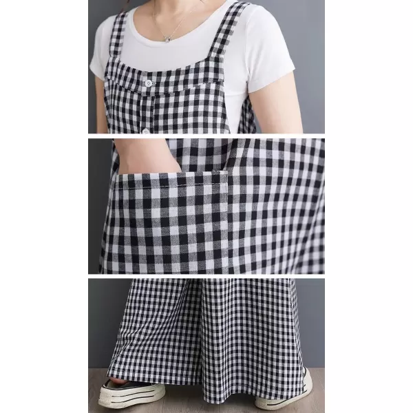 imagechouyatou Womens Button Up Plaid Bib Overalls Loose Fit Wide Leg Baggy Jumpsuit Pants with PocketsBlack