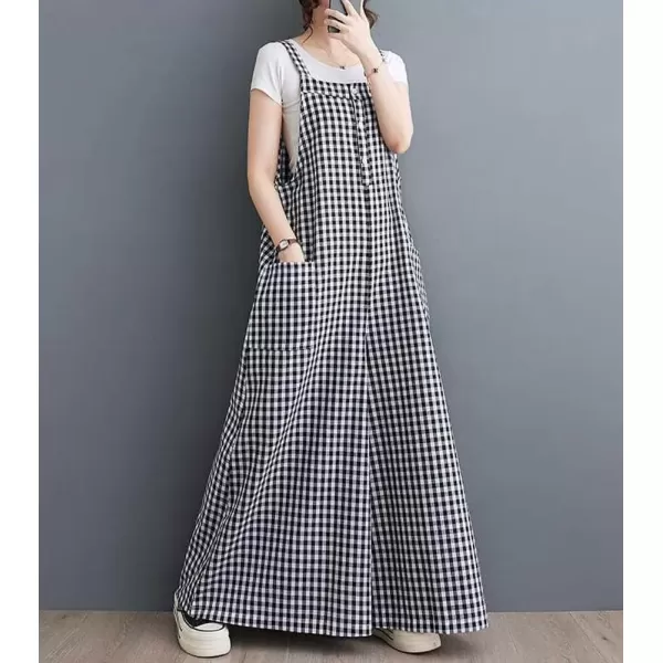 imagechouyatou Womens Button Up Plaid Bib Overalls Loose Fit Wide Leg Baggy Jumpsuit Pants with PocketsBlack