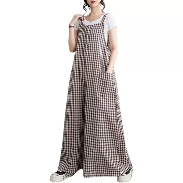 imagechouyatou Womens Button Up Plaid Bib Overalls Loose Fit Wide Leg Baggy Jumpsuit Pants with PocketsCoffee Brown