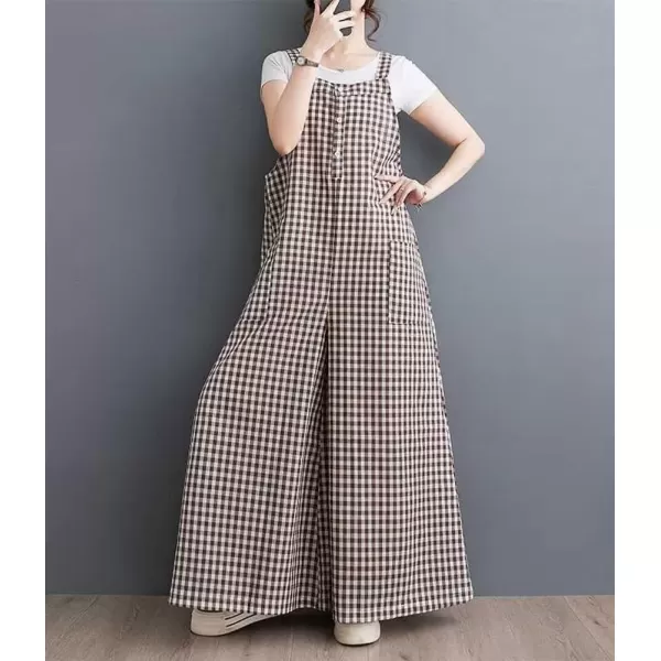 imagechouyatou Womens Button Up Plaid Bib Overalls Loose Fit Wide Leg Baggy Jumpsuit Pants with PocketsCoffee Brown