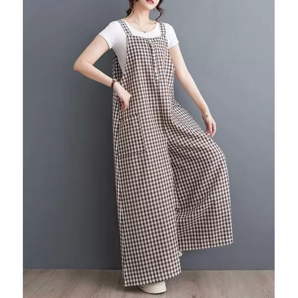 imagechouyatou Womens Button Up Plaid Bib Overalls Loose Fit Wide Leg Baggy Jumpsuit Pants with PocketsCoffee Brown