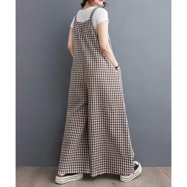 imagechouyatou Womens Button Up Plaid Bib Overalls Loose Fit Wide Leg Baggy Jumpsuit Pants with PocketsCoffee Brown
