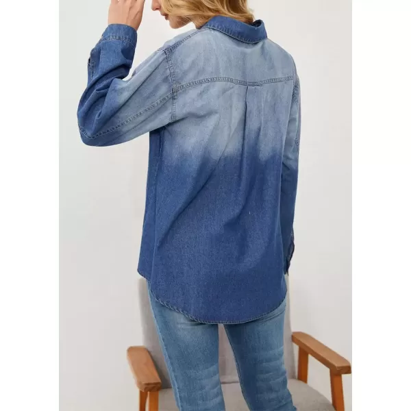 imagechouyatou Womens Casual Color Block Denim Shirt Boyfriend Button Down Jean Shirt Blouse TopsBlue