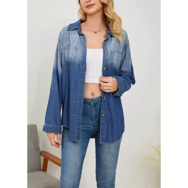 imagechouyatou Womens Casual Color Block Denim Shirt Boyfriend Button Down Jean Shirt Blouse TopsBlue