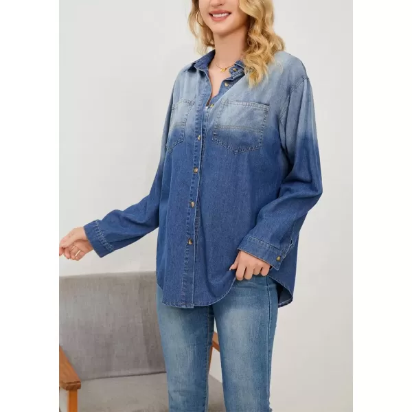 imagechouyatou Womens Casual Color Block Denim Shirt Boyfriend Button Down Jean Shirt Blouse TopsBlue