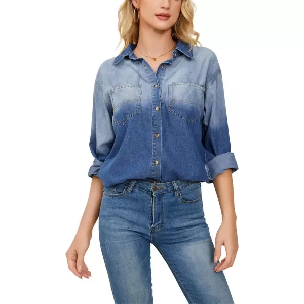 imagechouyatou Womens Casual Color Block Denim Shirt Boyfriend Button Down Jean Shirt Blouse TopsBlue