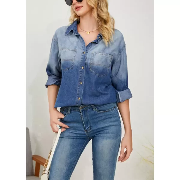 imagechouyatou Womens Casual Color Block Denim Shirt Boyfriend Button Down Jean Shirt Blouse TopsBlue