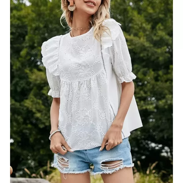imagechouyatou Womens Crochet Eyelet V Neck Puff Sleeve Ruffle Babydoll TShirt Blouse TopsWhite Crewneck
