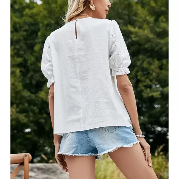 imagechouyatou Womens Crochet Eyelet V Neck Puff Sleeve Ruffle Babydoll TShirt Blouse TopsWhite Crewneck