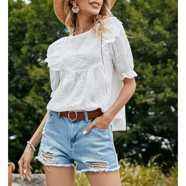 imagechouyatou Womens Crochet Eyelet V Neck Puff Sleeve Ruffle Babydoll TShirt Blouse TopsWhite Crewneck