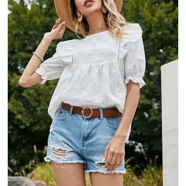 imagechouyatou Womens Crochet Eyelet V Neck Puff Sleeve Ruffle Babydoll TShirt Blouse TopsWhite Crewneck