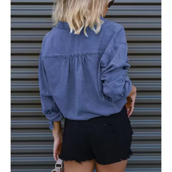 imagechouyatou Womens Denim Shirt Long Sleeve Button Down Cropped Jean Blouse TopDark Blue