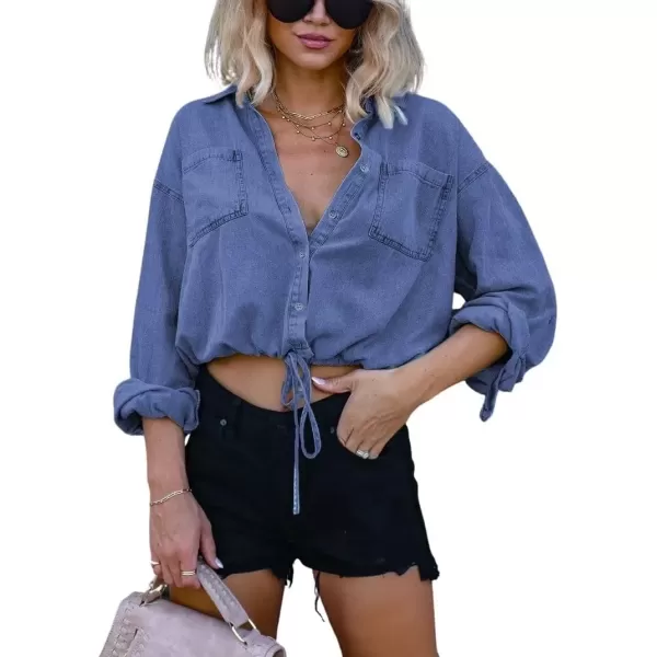 imagechouyatou Womens Denim Shirt Long Sleeve Button Down Cropped Jean Blouse TopDark Blue