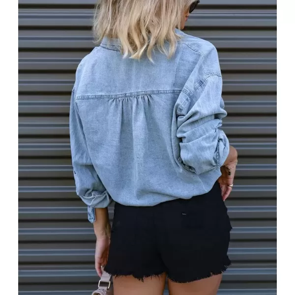 imagechouyatou Womens Denim Shirt Long Sleeve Button Down Cropped Jean Blouse TopLight Blue