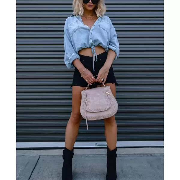 imagechouyatou Womens Denim Shirt Long Sleeve Button Down Cropped Jean Blouse TopLight Blue