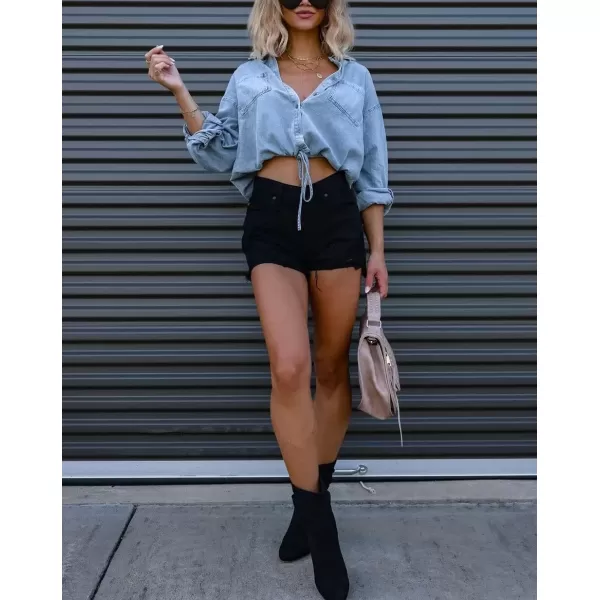imagechouyatou Womens Denim Shirt Long Sleeve Button Down Cropped Jean Blouse TopLight Blue