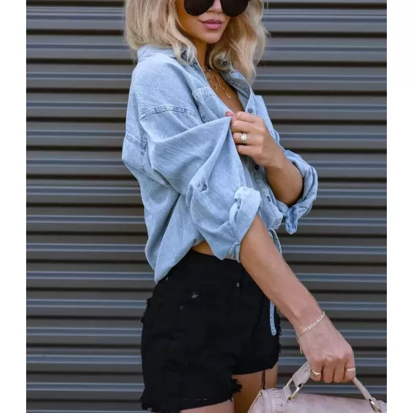 imagechouyatou Womens Denim Shirt Long Sleeve Button Down Cropped Jean Blouse TopLight Blue
