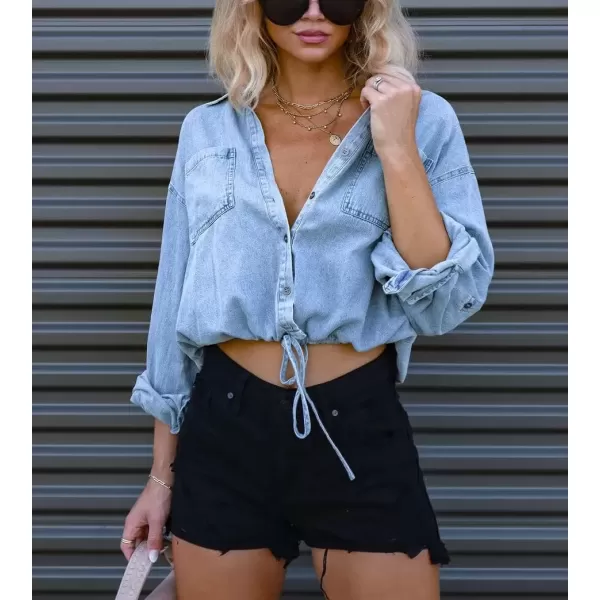 imagechouyatou Womens Denim Shirt Long Sleeve Button Down Cropped Jean Blouse TopLight Blue