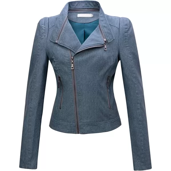 imagechouyatou Womens DenimPerformance Slim Asymmetric Zip Distressed Pu Leather Moto Biker JacketBlue