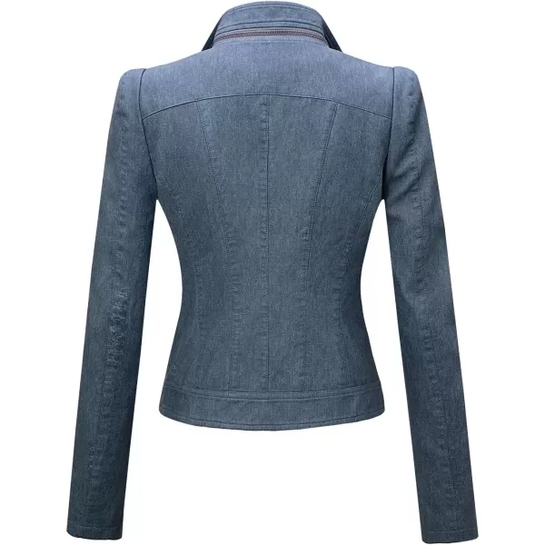 imagechouyatou Womens DenimPerformance Slim Asymmetric Zip Distressed Pu Leather Moto Biker JacketBlue