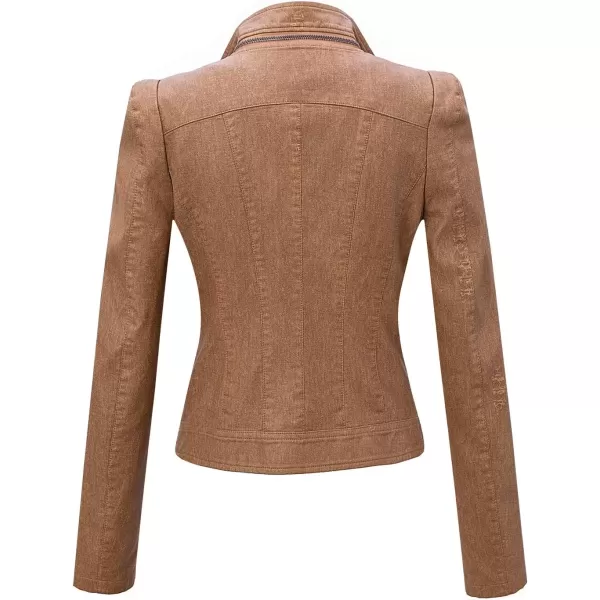 imagechouyatou Womens DenimPerformance Slim Asymmetric Zip Distressed Pu Leather Moto Biker JacketBrown
