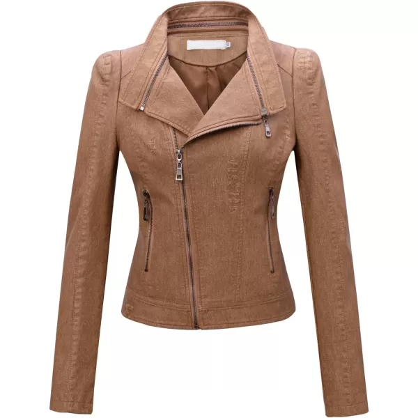 imagechouyatou Womens DenimPerformance Slim Asymmetric Zip Distressed Pu Leather Moto Biker JacketBrown