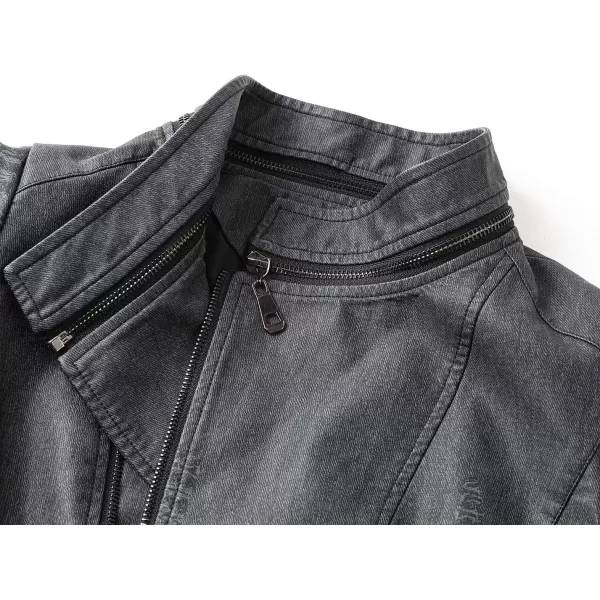 imagechouyatou Womens DenimPerformance Slim Asymmetric Zip Distressed Pu Leather Moto Biker JacketCharcoal