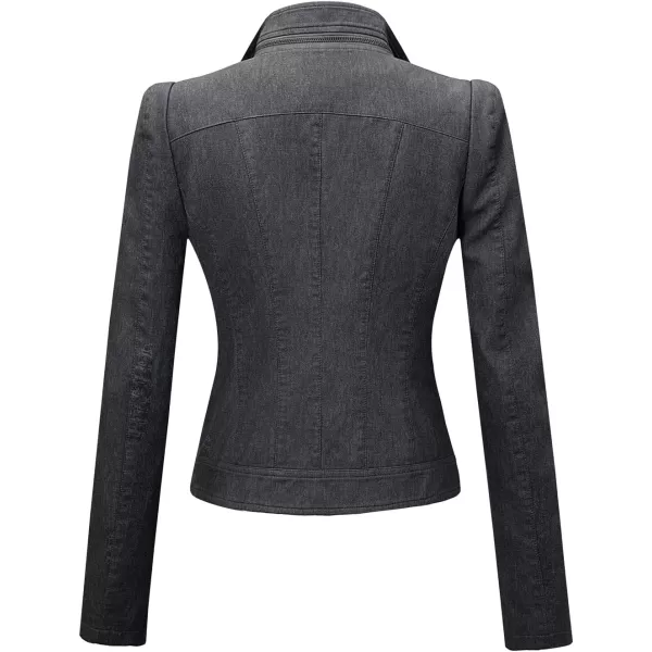 imagechouyatou Womens DenimPerformance Slim Asymmetric Zip Distressed Pu Leather Moto Biker JacketCharcoal