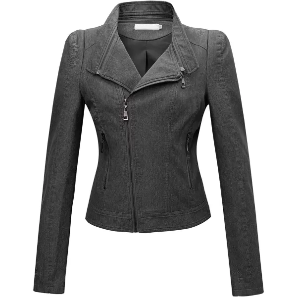 imagechouyatou Womens DenimPerformance Slim Asymmetric Zip Distressed Pu Leather Moto Biker JacketCharcoal