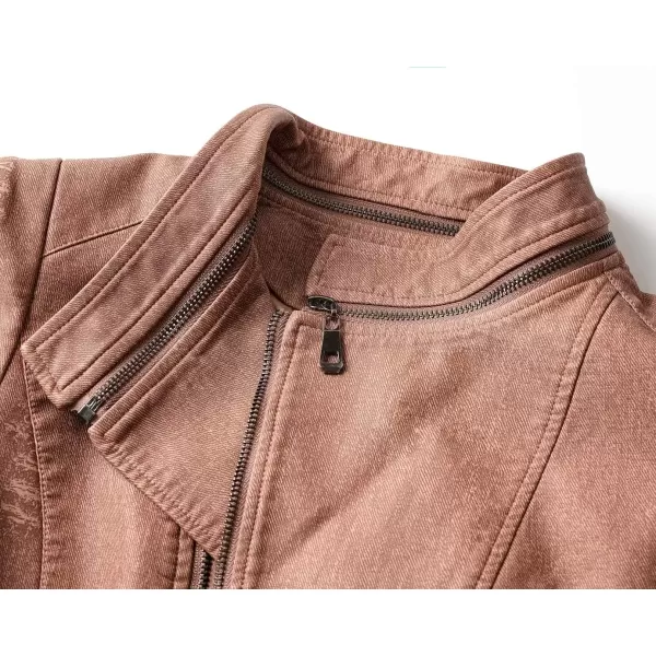 imagechouyatou Womens DenimPerformance Slim Asymmetric Zip Distressed Pu Leather Moto Biker JacketRusty