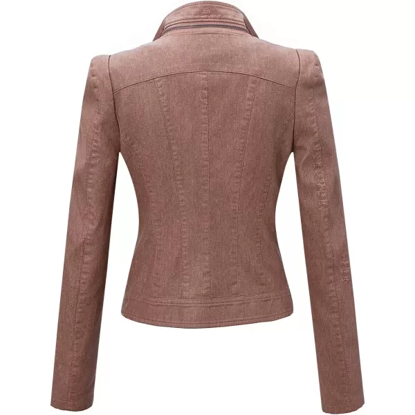 imagechouyatou Womens DenimPerformance Slim Asymmetric Zip Distressed Pu Leather Moto Biker JacketRusty