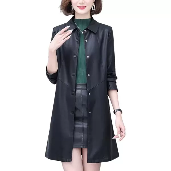 imagechouyatou Womens Elegant Collared Single Breasted Pu Faux Leather Jacket Trench Coat with PocketsBlack