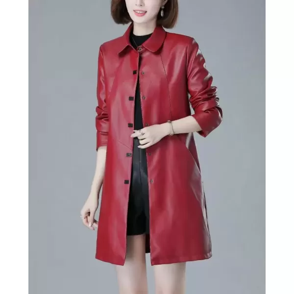 imagechouyatou Womens Elegant Collared Single Breasted Pu Faux Leather Jacket Trench Coat with PocketsRed