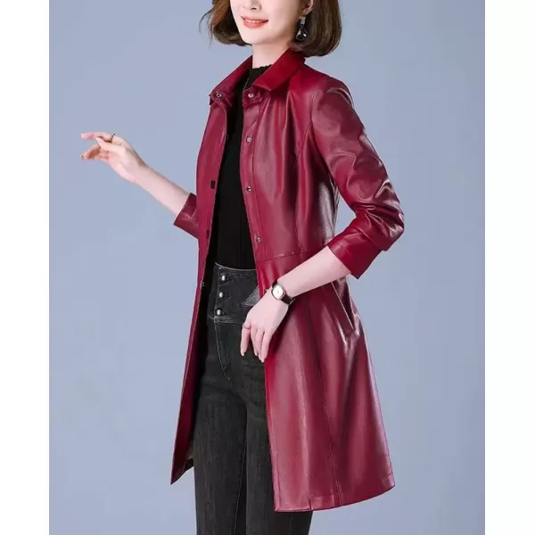 imagechouyatou Womens Elegant Collared Single Breasted Pu Faux Leather Jacket Trench Coat with PocketsRed