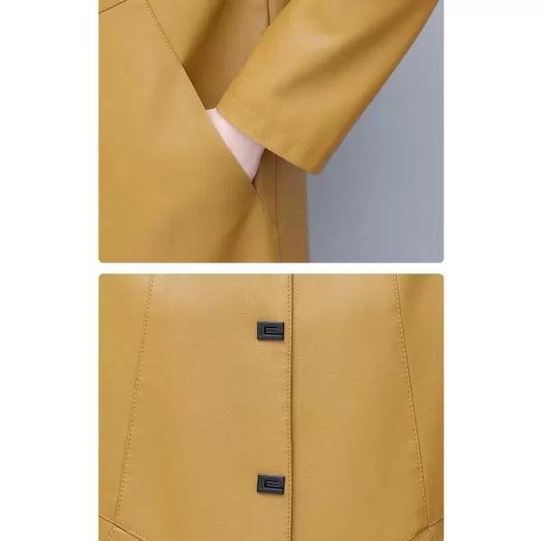 imagechouyatou Womens Elegant Collared Single Breasted Pu Faux Leather Jacket Trench Coat with PocketsTurmeric Yellow