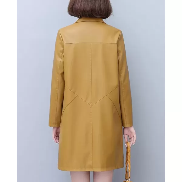 imagechouyatou Womens Elegant Collared Single Breasted Pu Faux Leather Jacket Trench Coat with PocketsTurmeric Yellow
