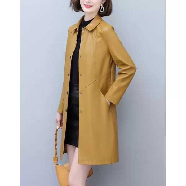 imagechouyatou Womens Elegant Collared Single Breasted Pu Faux Leather Jacket Trench Coat with PocketsTurmeric Yellow