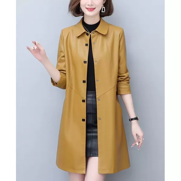 imagechouyatou Womens Elegant Collared Single Breasted Pu Faux Leather Jacket Trench Coat with PocketsTurmeric Yellow